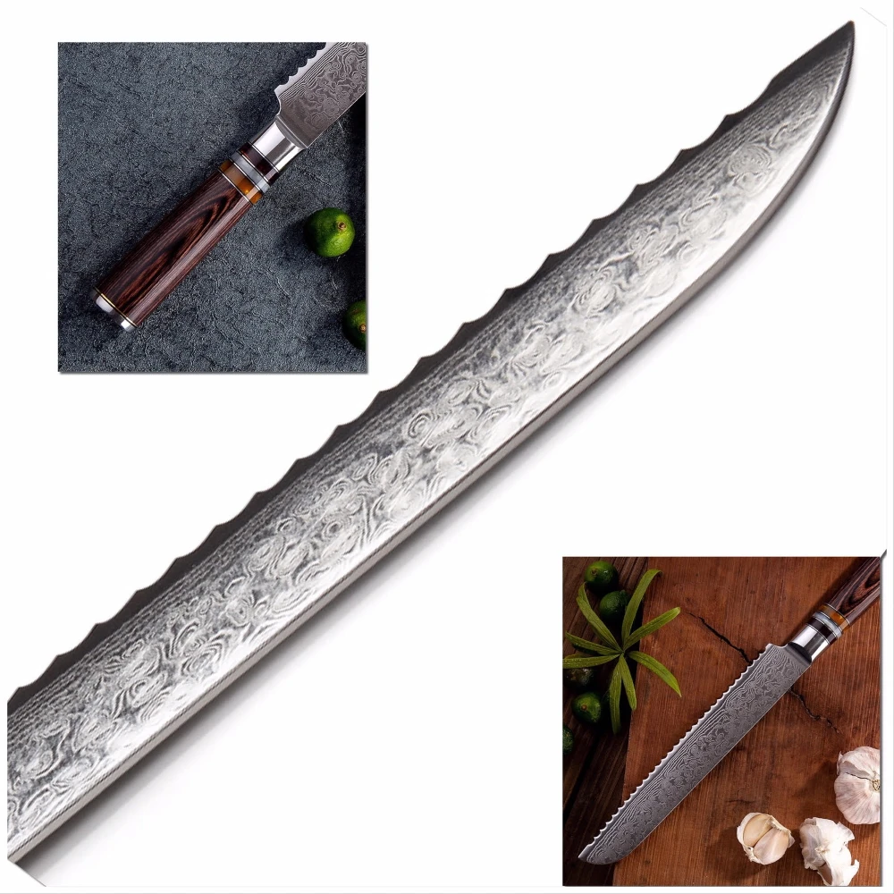 

Damascus Kitchen Knives vg10 Japanese Damascus Steel Bread Knife Cake Slicing Bakery Tools Serrated Stainless Damascus Blade NEW
