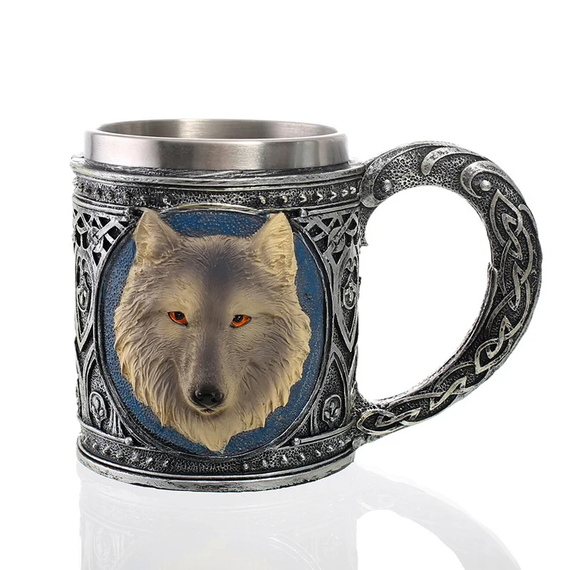 

3D Wolf King Head Pattern Mug Cool Resin Stainless Steel Drinkware Mug Retro Beer Coffee Tea Cup Mug Gothic Dinner Party Decor