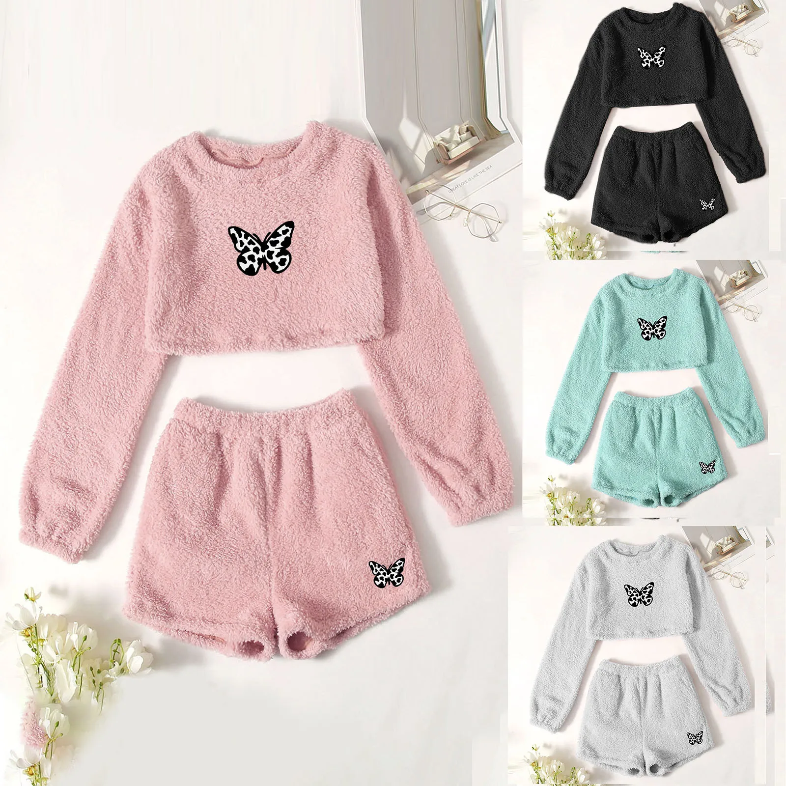 Пижамный комплект Женский мягкий хлопковый пуловер с длинным рукавом круглым