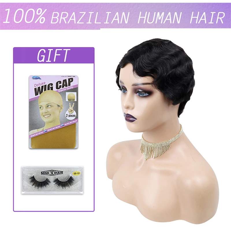 Finger Wave Wigs Cheap Brazilian Short Pixie Cut Human Hair Wig 613 Blonde Machine Made | Шиньоны и парики