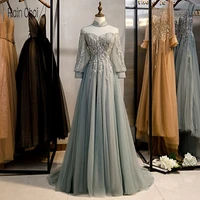 long formal evening gown with train gray elegant long sleeves prom evening dresses