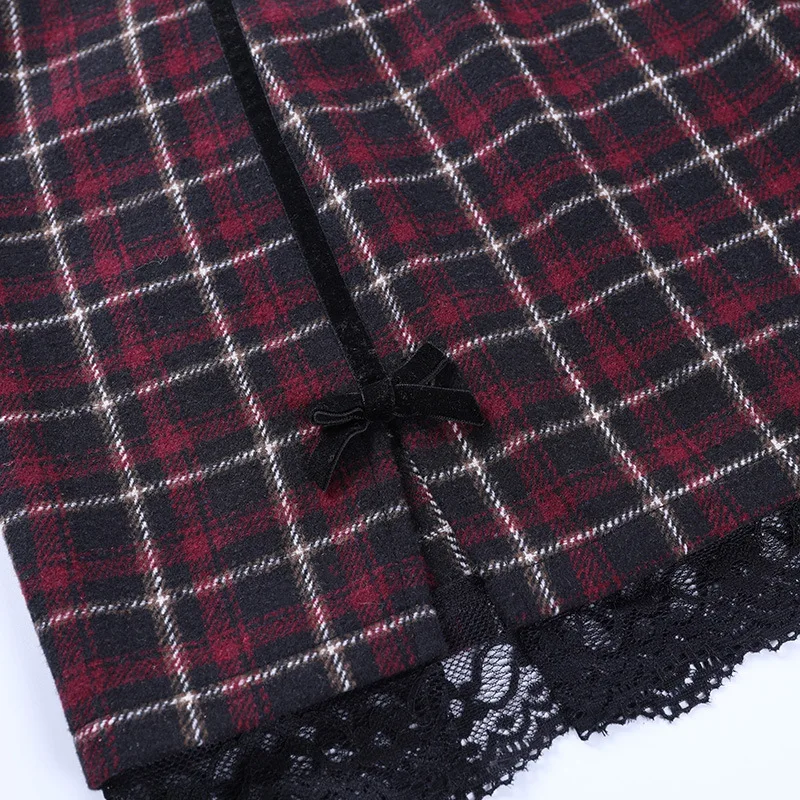 

Spring and summer female students new A-line lace plaid split stitching skirt