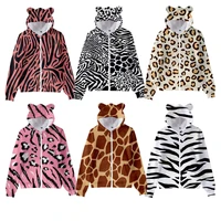 tiger zipper hoodie with ears animal pattern 3d print sweatshirts childrens cat ears hooded boys girls kawaii female fall hoody