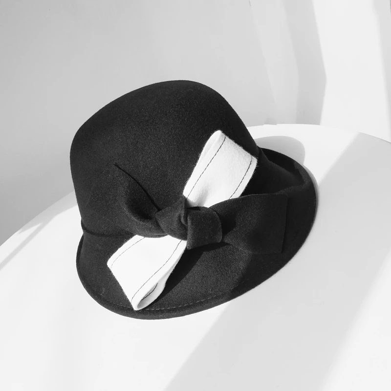 Ladies 100% Wool Winter Bowler Hat Retro British Hepburn Cloche Bucket Hat with Bow Accent