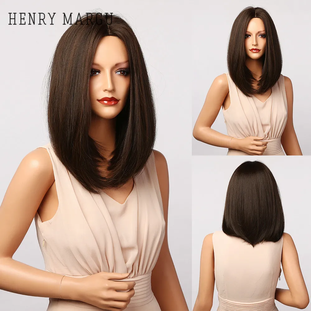 

HENRY MARGU Black Brown Ombre Bob Synthetic Wigs for Women Long Straight Hair Wig Natural Middle Part Cosplay Wig Heat Resistant