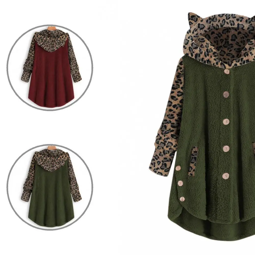 

Simple Ears Leopard Patchwork Coat Women Hoodie Lady Single-breasted