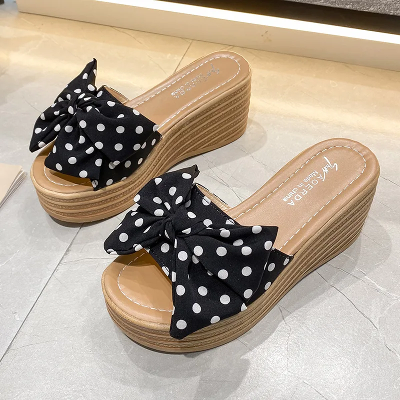 

On A Wedge Low Butterfly-Knot Shoes Woman's Slippers Platform Slides 2021 Hoof Heels Cotton Fabric Basic Butterfly-knot Rubber R