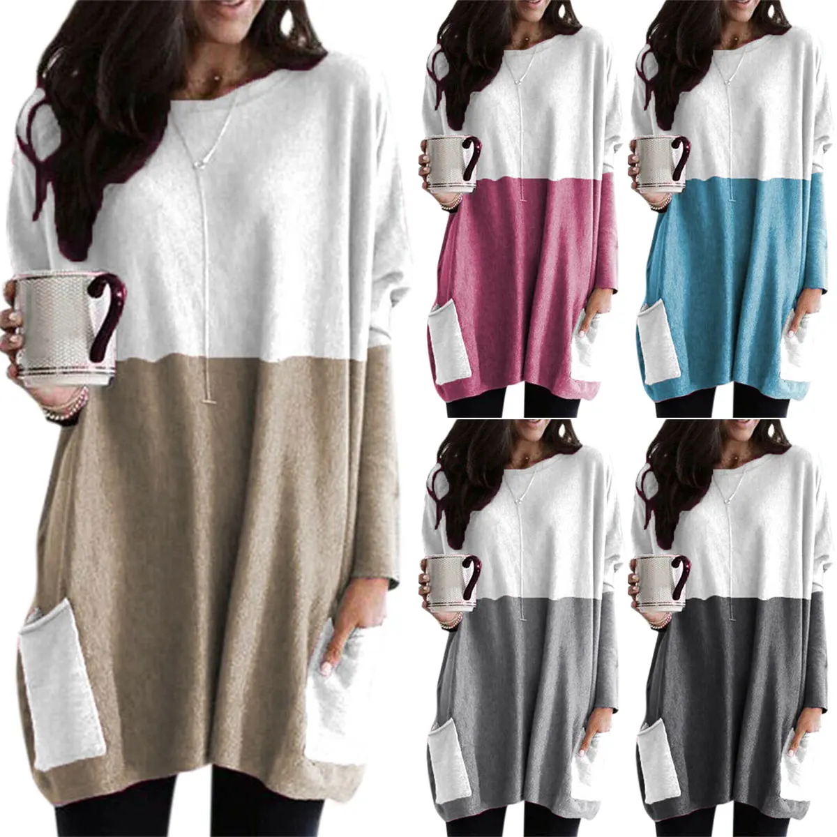 

T Shirt Women Patchwork Long T Shirt Plus Size Women Long Sleeve Loose T Shirt Pocket Top Spring Autumn Women Clothing