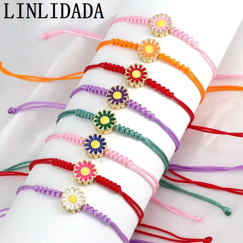 

8Pcs Lucky Multicolor Rope Weave Bracelet Rainbow oil drop flower Bead Gold Plated Metal Adjustable Women Bracelet