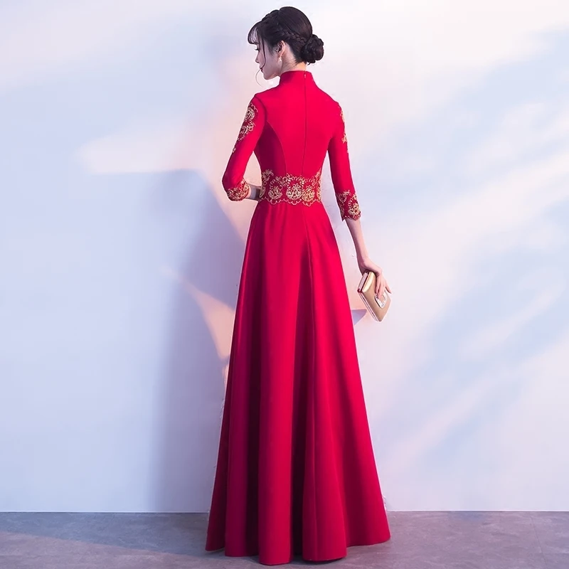 

Red Embroidery Chinese Evening Dress Long Bride Wedding Qipao Oriental Style Party Dresses Bridesmaid Robe Ceremonie Fille Gowns