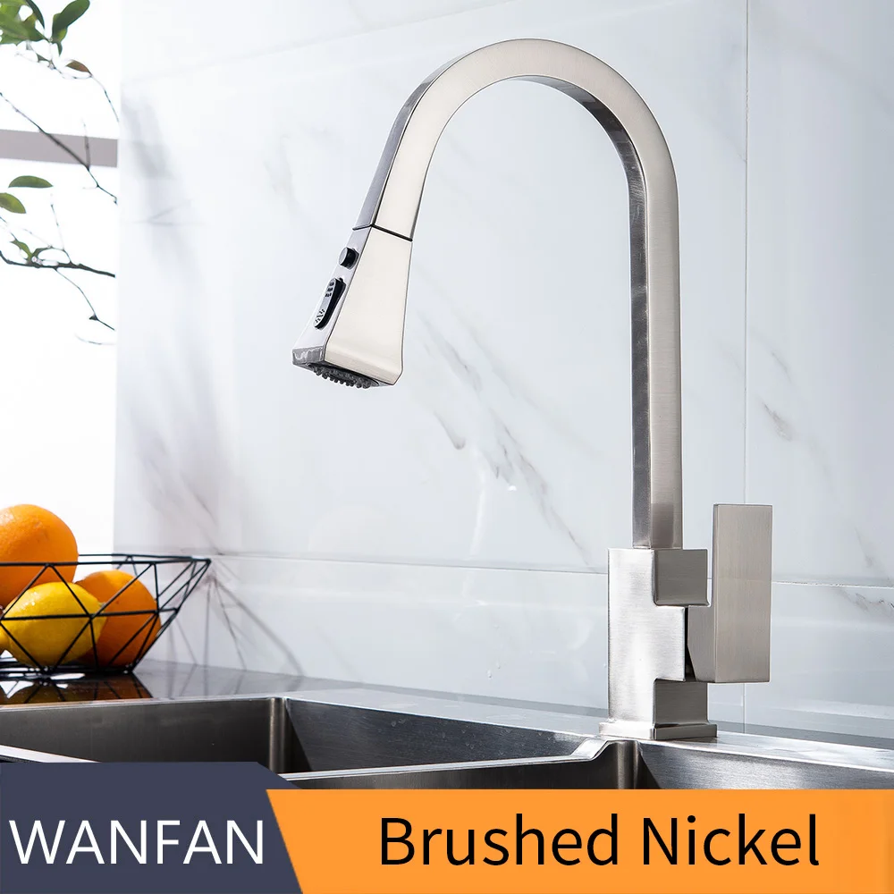 Brushed Nickel Кухонный кран с выдвижным поворотом на 360, черный смеситель для кухни, резиновый дизайн, горячий и холодный кран на бортике для раковины, 866399 - Цвет: Brushed Nickel