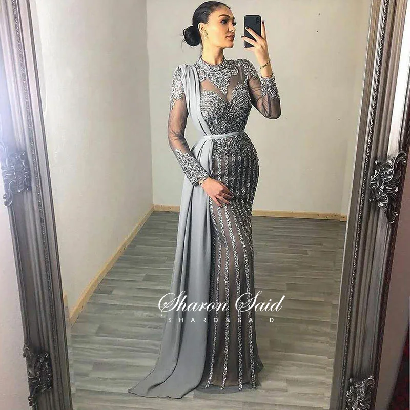 

Luxury Dubai Gray Muslim Mermaid Evening Dress with Overskirt Long Sleeves Arabic Formal Dresses for Women Wedding Party SS013