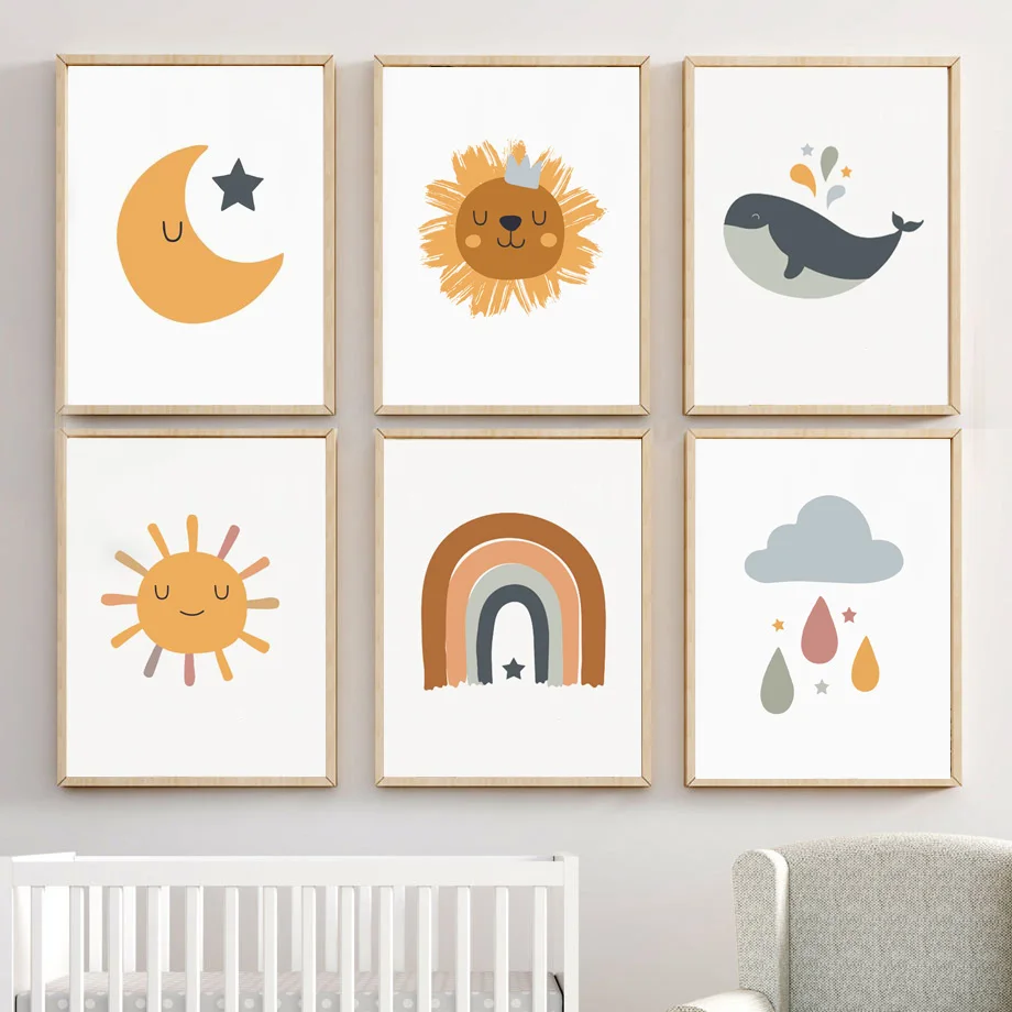

Sun Moon Star Rainbow Whale Cloud Cartoon Art Canvas Painting Nordic Posters and Prints Nursery Wall Pictures Kids Room Decor