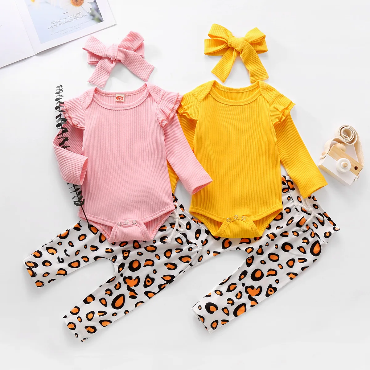 

infant baby girls autumn winter long sleeve solid tops bodysuits leopard long pants headbands toddler girls clothes sets 3pcs