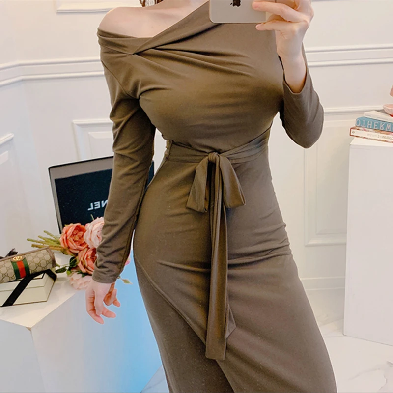 

Fashion Korean Style Solid Collar Slim Knitted Dress Female 2020 Autumn Winter New Women High Quality Long Sleeve Bodycon Dress