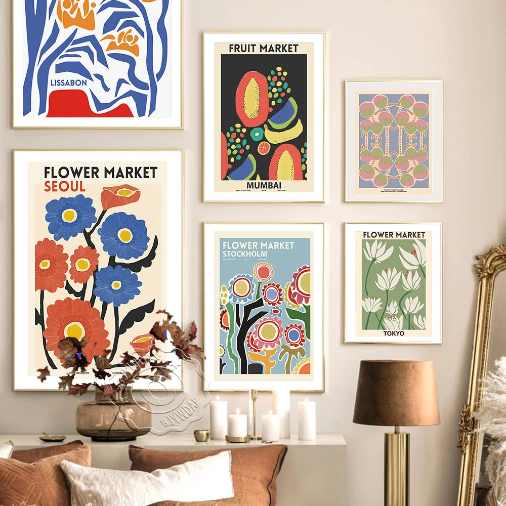 

Colored Drawing Flower Market City Poster, Vintage Plant Seoul Mumbai Stockholm Tokyo Art Prints, Abstract Flowers Wall Picture