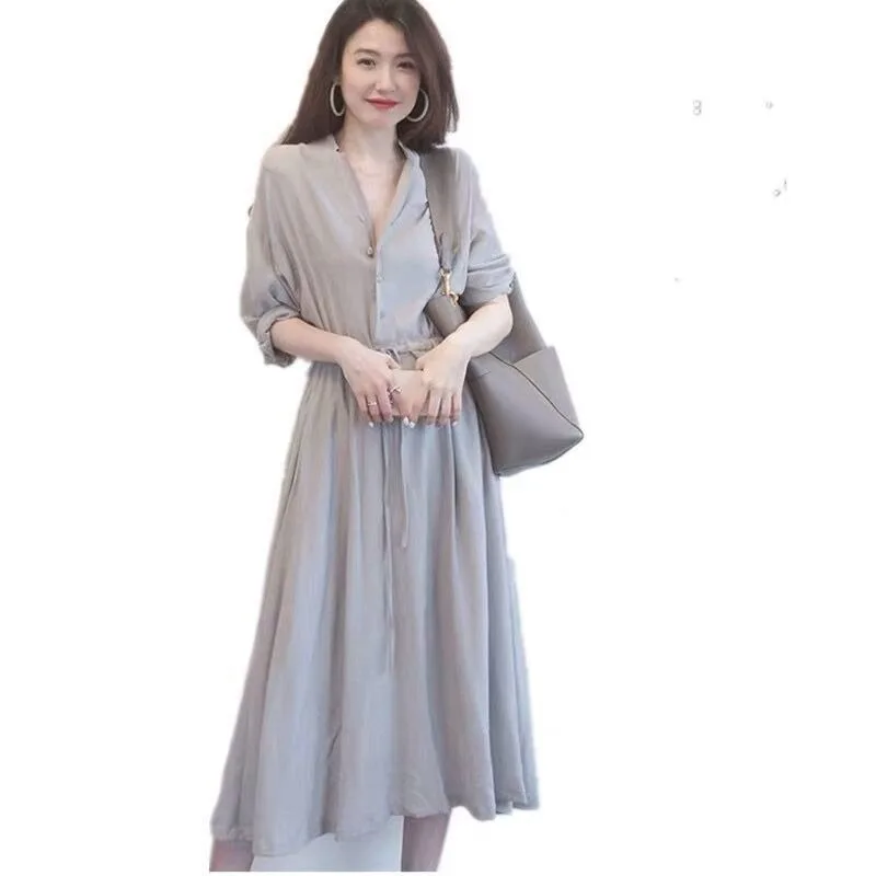 

Long Dresses Women Solid Dresses Female Long Sleeve V-neck Lace-Up Dresses Ladies Casual Dresses Vestidos Loose Style M-4XL Plus