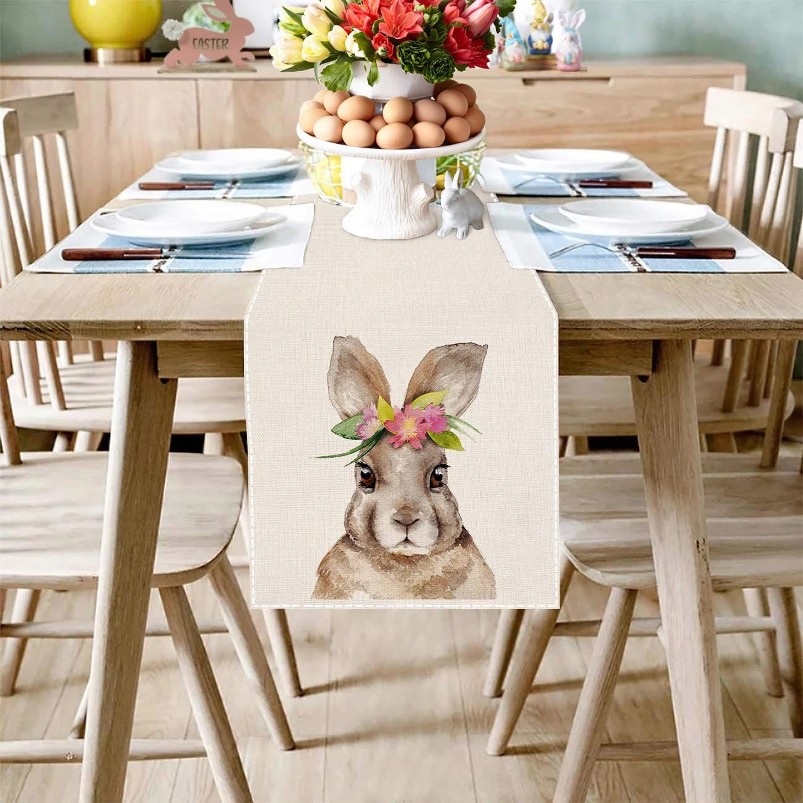 

Table Runner Easter Rabbit Print Cotton Linen Woven Table Runners European Tassel Tablecloth Dining Table Decor Table Decoration