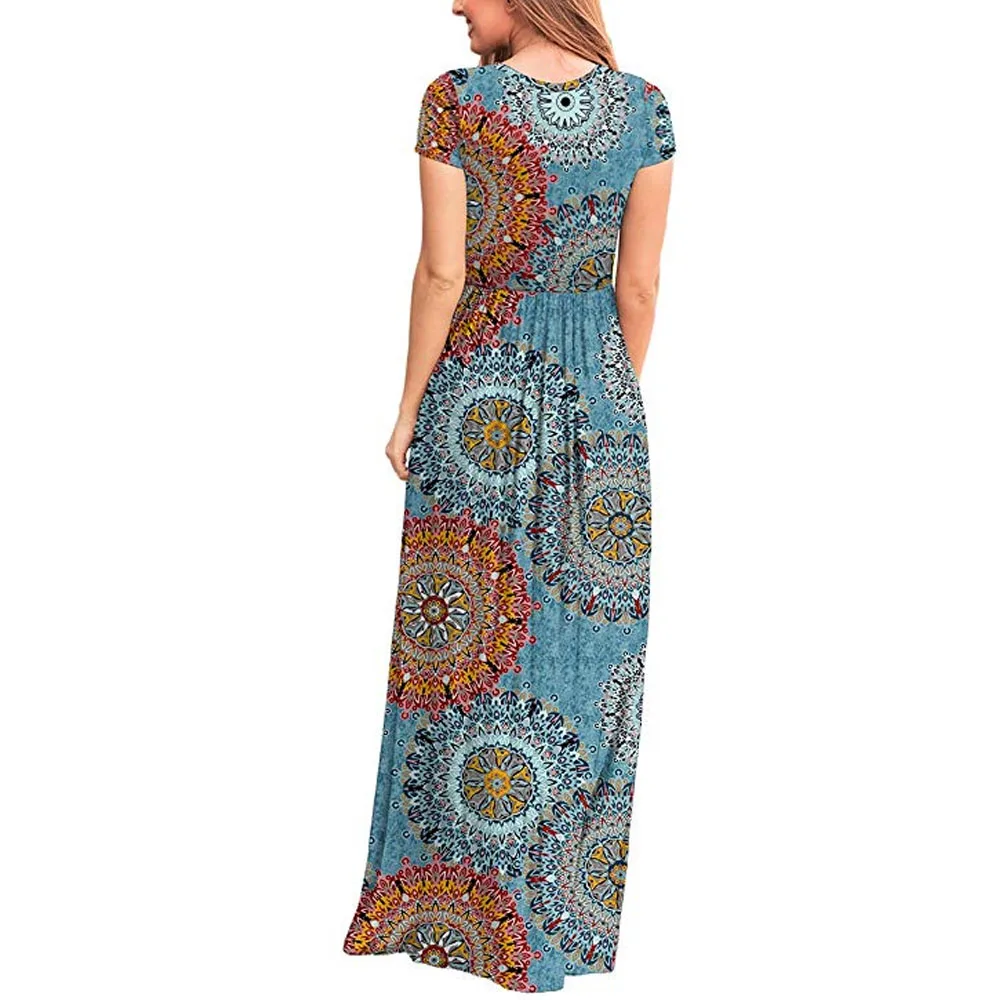 Женское платье с коротким рукавом и принтом Boho повседневное длинное винтажное