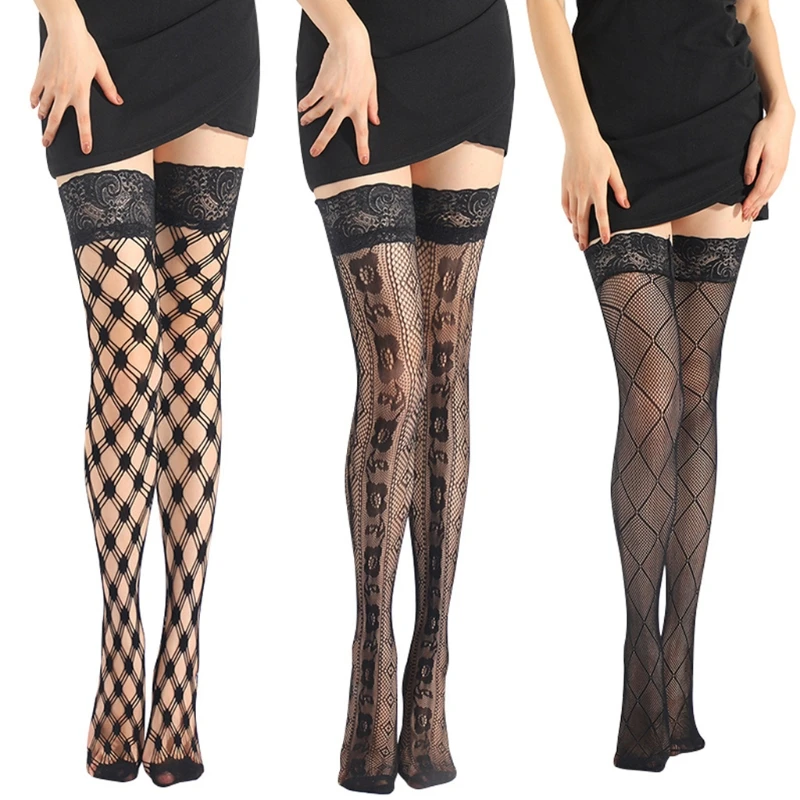 

MXMA Women Sexy Fishnet Thigh High Stockings with Silicone Lace Top Stay Up Tights Diamond Plaid Floral Patterned Mesh Over Knee