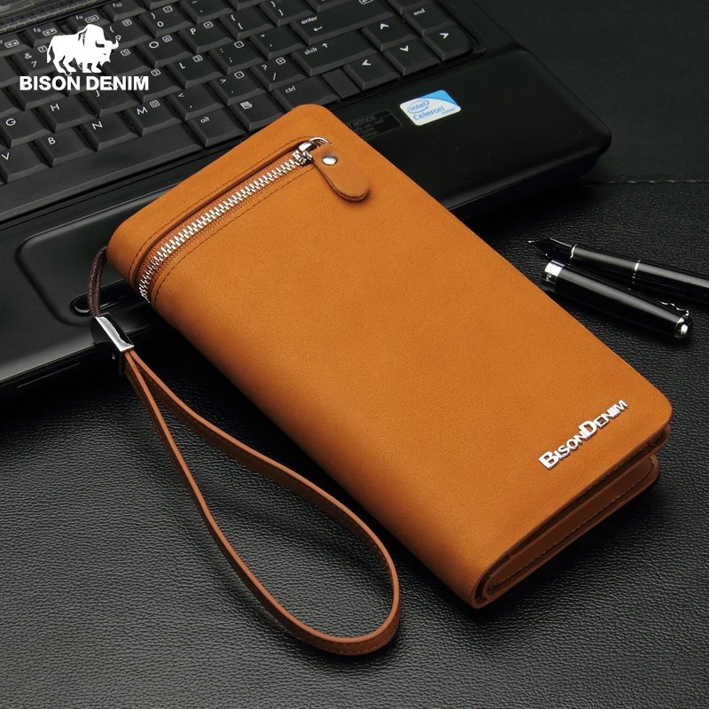 BISON DENIM мужской кошелек из натуральной кожи большой вместительный винтажный