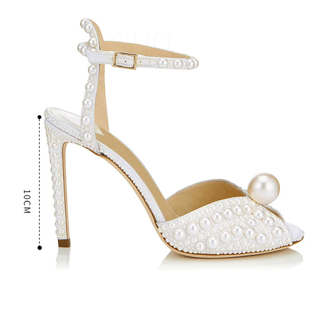 

LOVIRS Women Sweet Beige Luxurious Pearl Ankle Strap Sandals Ladies High Heel Peep Toe Fashion Female Wedding shoes