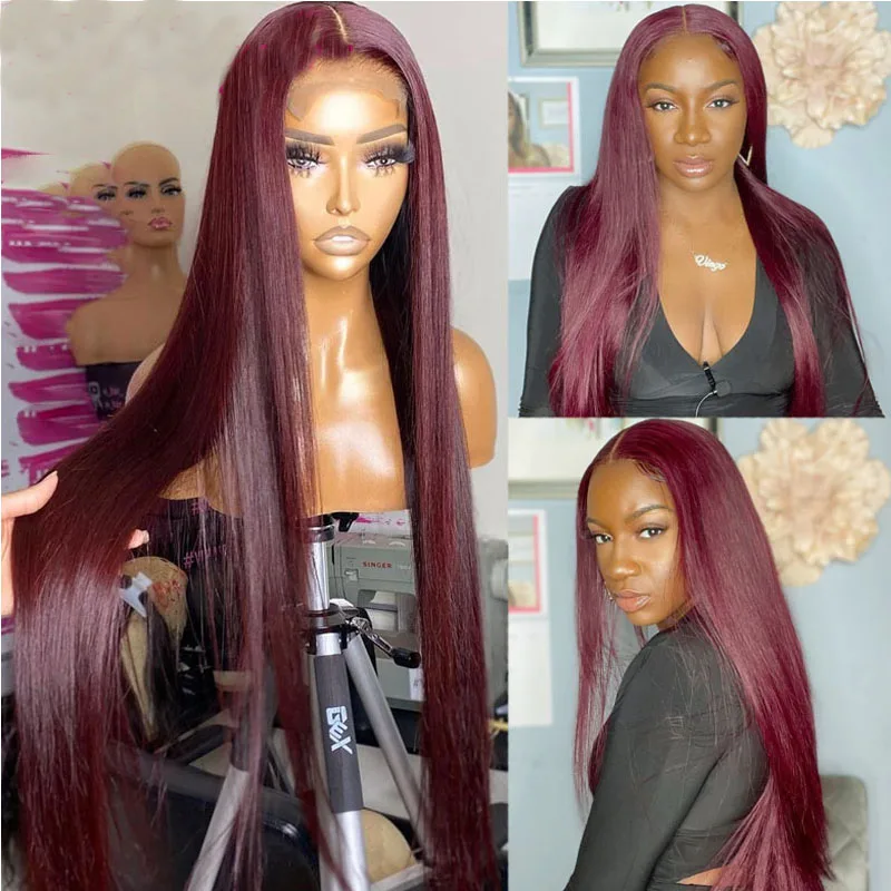 

Burgundy Soft Silky Straight Long Glueless Lace Front Wig High Temperature For Black Women With Baby Hair 180%Density 26Inch