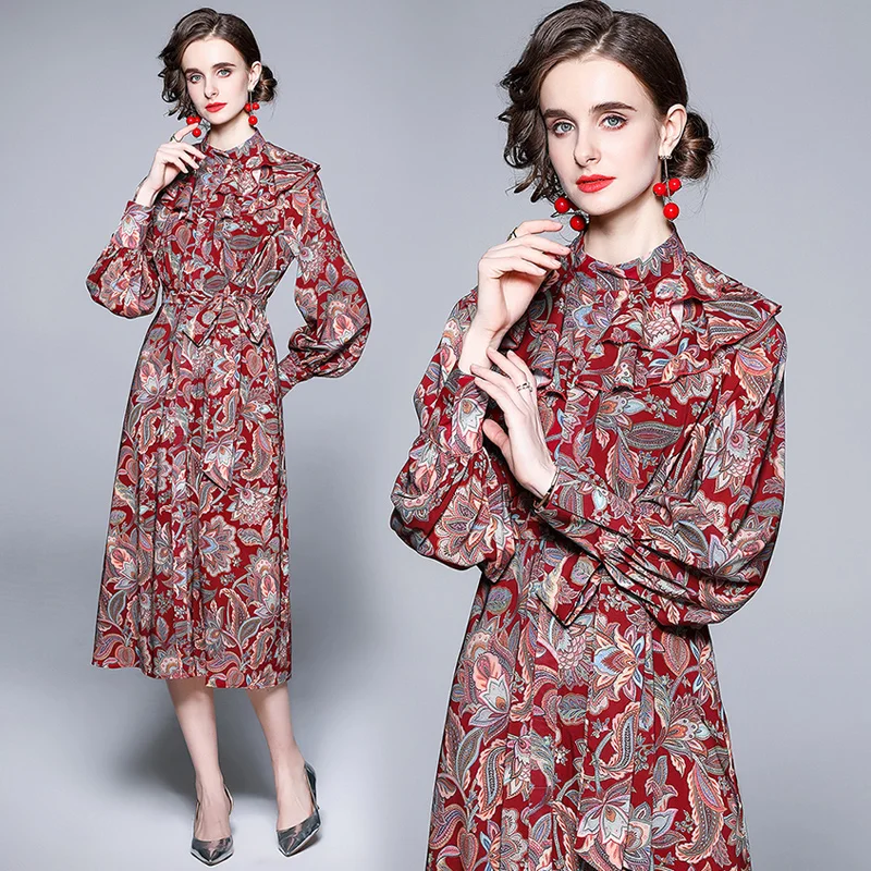 

Turtleneck Summer Flower Print Dresses Mid-Calf Vintage Full Sleeve Sashes Dress Red Vestidos Largos De Verano Para Mujer 2020