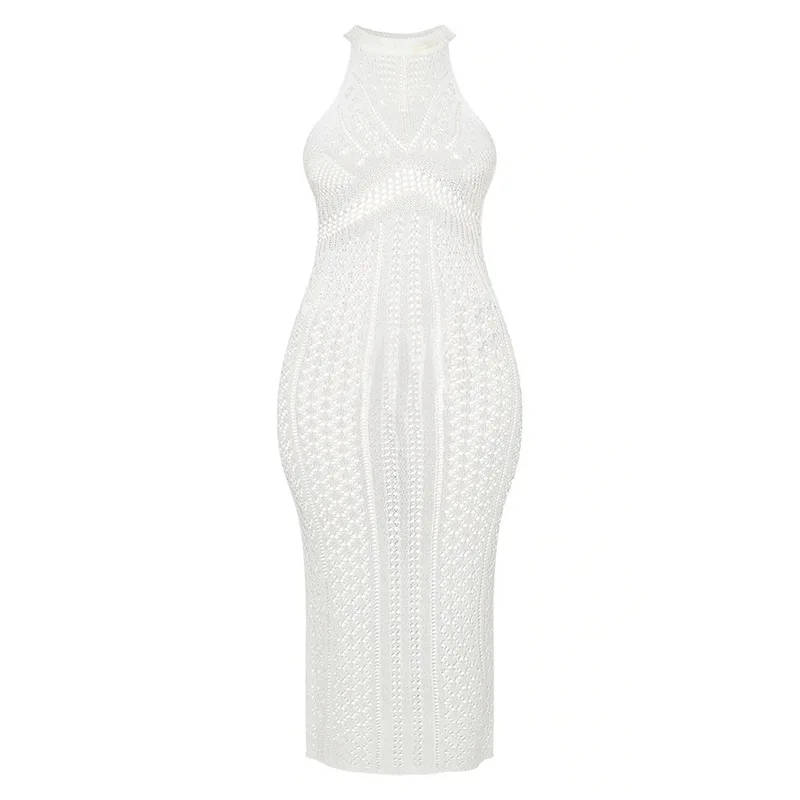 

Long Summer And Beach Dress Women Clothes Fashion Bikini 2021 May Female Knit Sexy Sleeveless Perspective Upper Garment Smock