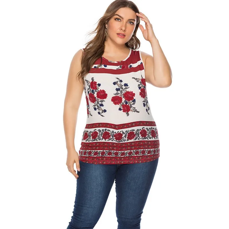 

Hot Sale Plus Size Women Casual Loose O-Neck Vest For Summer 2021 New Fashion Print Sleeveless Splice Tops Pullover Ladies Tees