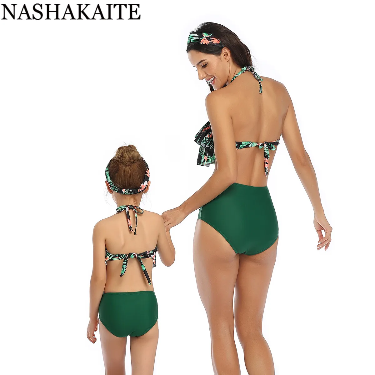 NASHAKAITE/купальный костюм для мамы и дочки; летний комплект бикини с оборками и принтом в виде листьев; Семейные комплекты; одежда для купания; семейный образ; mae e filha