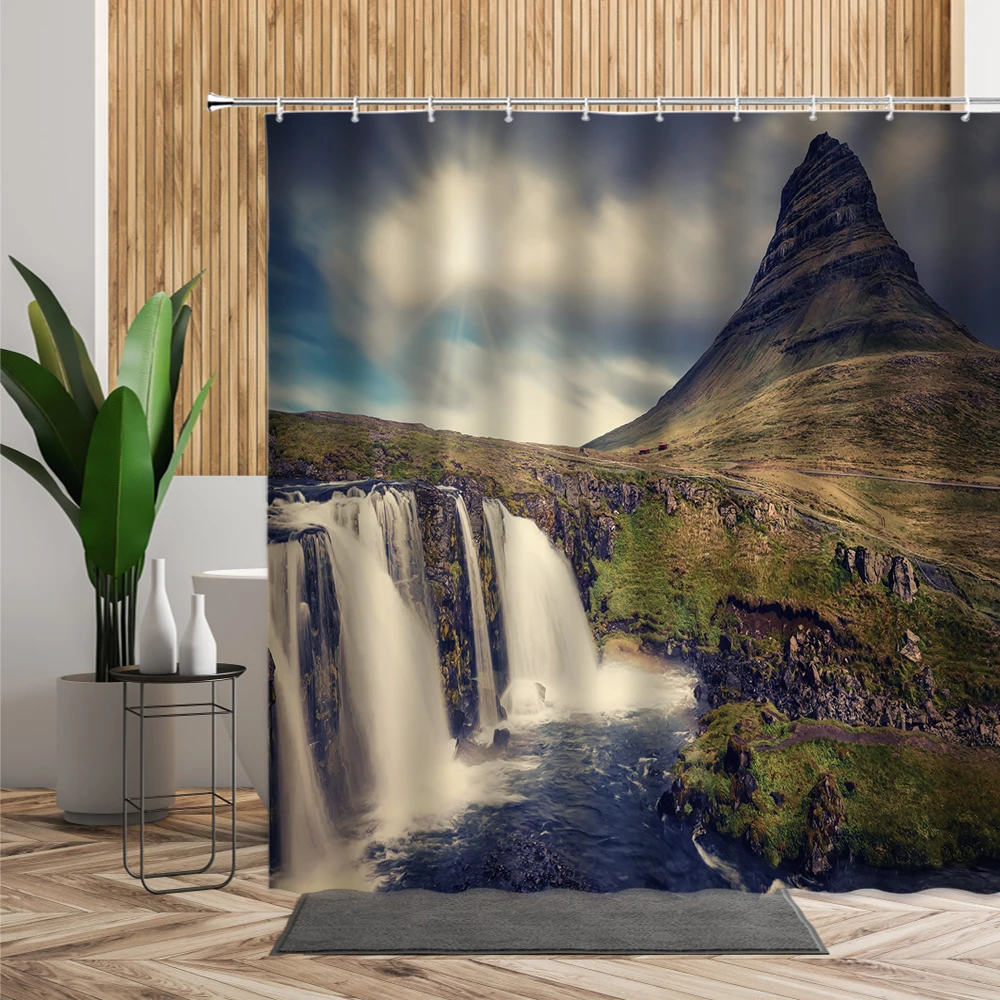 

Waterfall Landscape Photo Shower Curtain Forest Sunflower Leaves Water Home Bath Decor Opening Window Scenery Bathroom Curtains