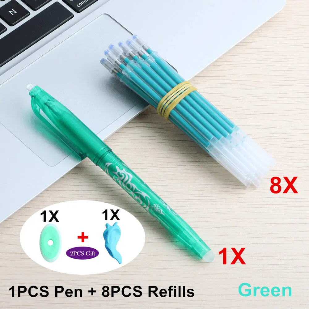 1Set Green 9 шт./компл. 0,5 мм стираемая ручка, гелевая ручка стержень сменный гелевый для школьных принадлежностей студент письменный стол/канцелярские ручки для детского подарка - Цвет: 1Set Green