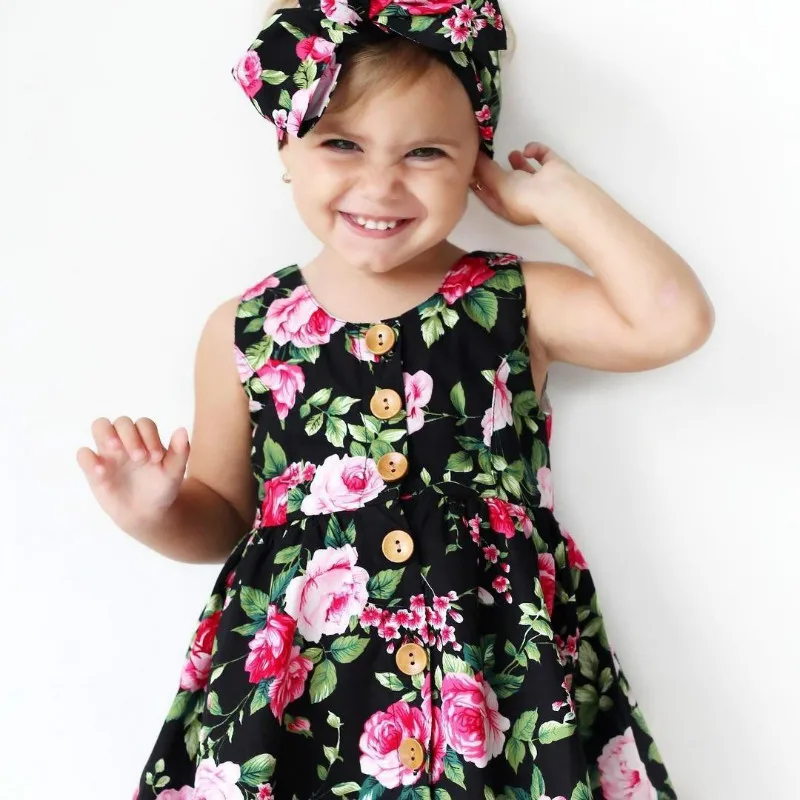 Summer Kids Princess Dress Girls Dress Floral Sleeveless Button Dresses  +Headband Outfits Baby Girl Clothes 1-4Years