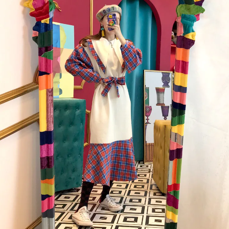 Корейское шикарное весеннее милое молодежное платье в западном стиле с цветным