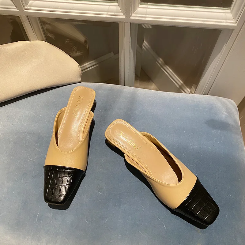 

Shallow Loafers Cover Toe Snakeskin Square heel Slippers Casual Shoes Woman 2021 Low Female Mule Pantofle Multicolored Sandals B