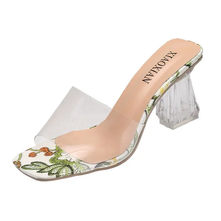 

Shoes Slippers Women Summer Transparent Heel Heeled Mules Big Size Pantofle Luxury Slides Med Jelly Flip Flops High 2021 Designe