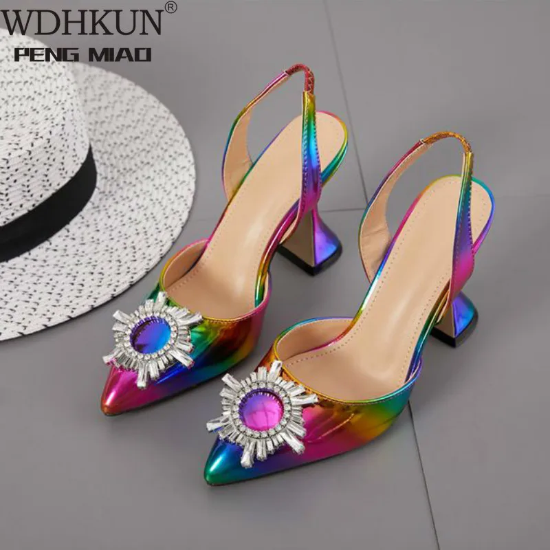 

Colour PU Fashion Women Heeled Sandals Pointed Toe Rhinestone Sun Flower Spike Heels High Heel Ladies Shoes Rome Party