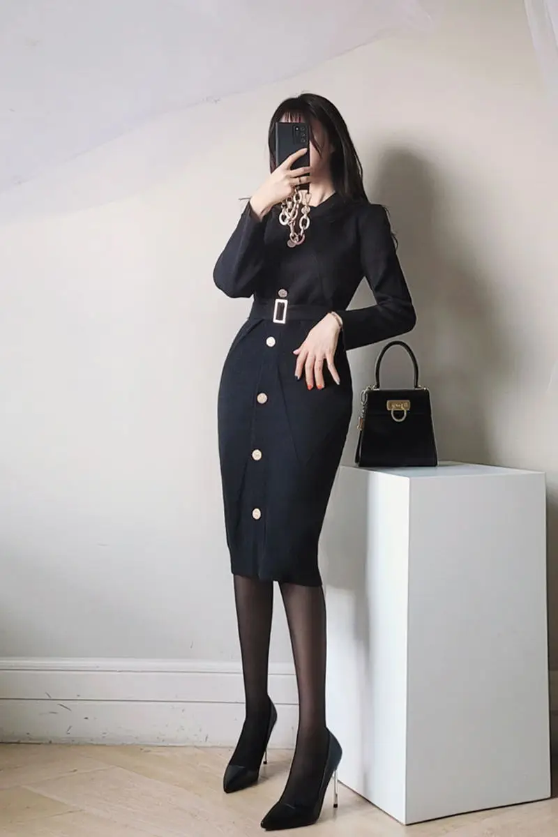 

Elegant Korean Single-Breasted Long Dress Women OL Chic Pink Knitting Dresses Autumn Spring Office Mid-length Vestidoes Female