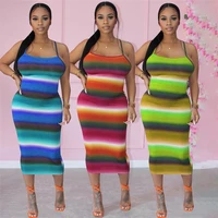 rainbow print spaghetti strap long dress women clothing sexy cross stripe sleeveless vestidos summer body shaping party dresses