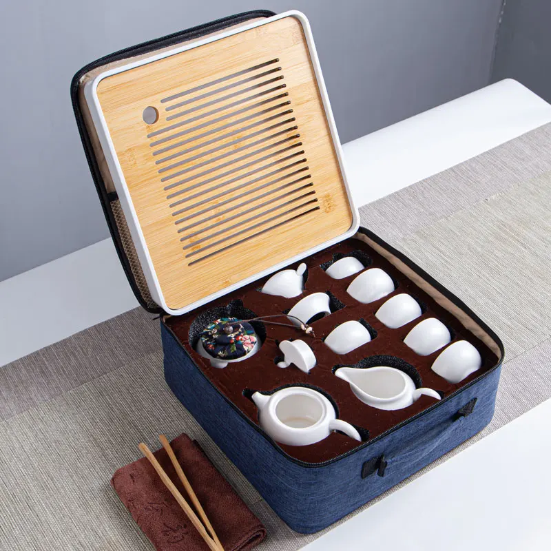 

Роскошный дорожный чайный набор, портативный фарфоровый чехол, искусственный чайник, Матовый керамический китайский чайный набор, Бытовая ...