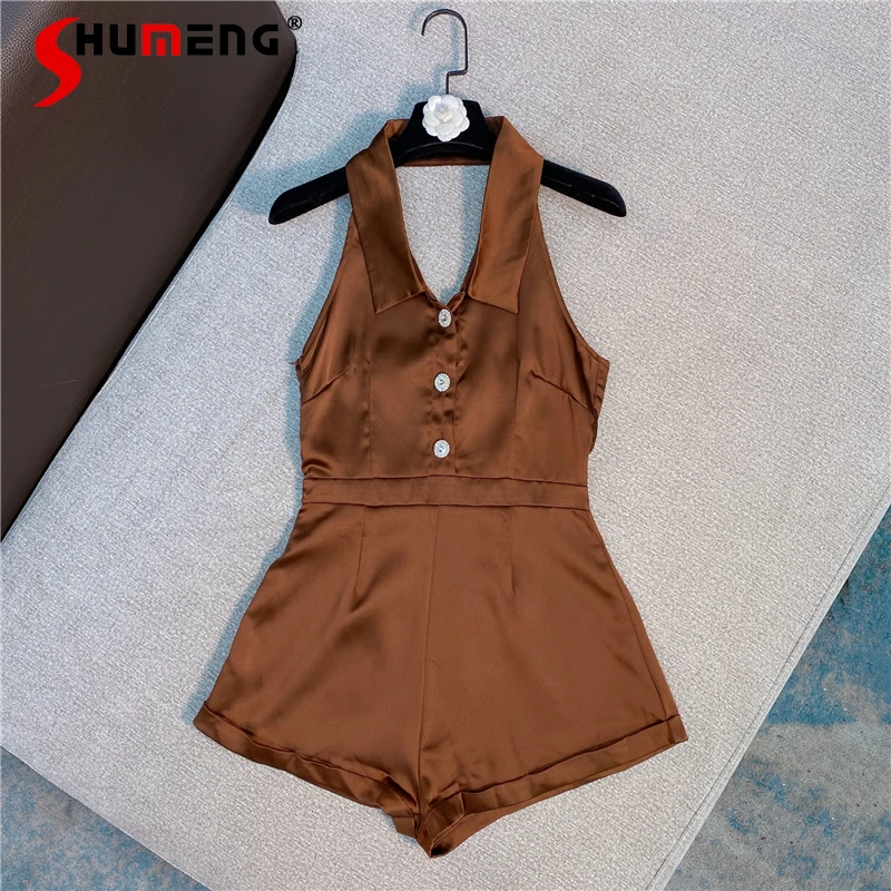 

Женские Сатиновые шорты с открытой спиной, перламутровые, цвета хаки, слитные, в европейском стиле, в западном стиле, на бретелях, лето 2021