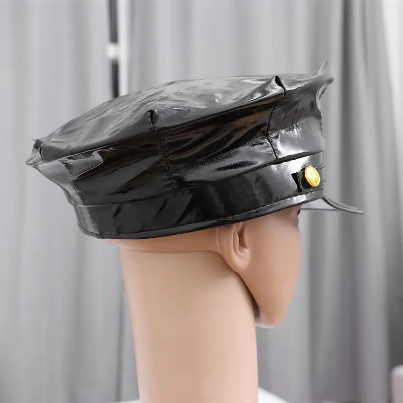 

Badge Octagonal Leather Police Hat Black Captain Flat Top Stage Performance Military Caps