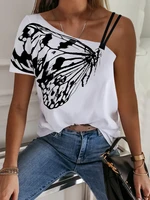2021 summer women fashion one shoulder t shirts casual butterfly print short sleeve pullover female tops oversized zevity blusas
