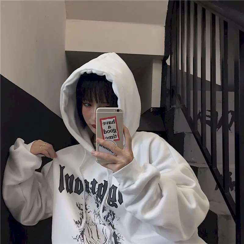 

sweatshirt Autumn and winter Korean version of ins dark retro letters loose hooded jacket plus velvet thickening couple sweater