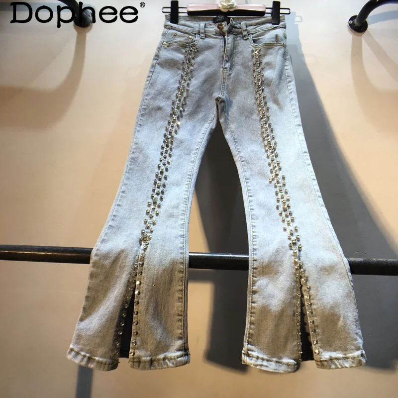 

New Arrival Rhinestone Beaded Blue Jeans Women High Waist Slim Split Cropped Flare Denim Pants 2022 Spring Cotton Stretch Pants