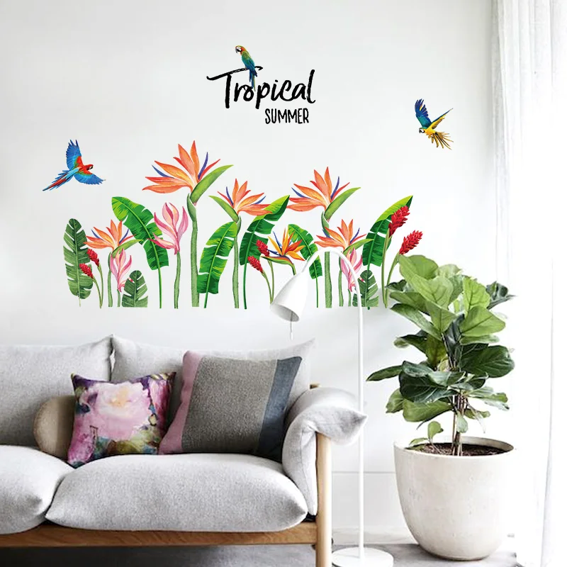 

Tropical summer Green Leaves Birds of Paradise flower wall Stickers Home Decor Living Room Sofa Decoration self-adhesive Decals