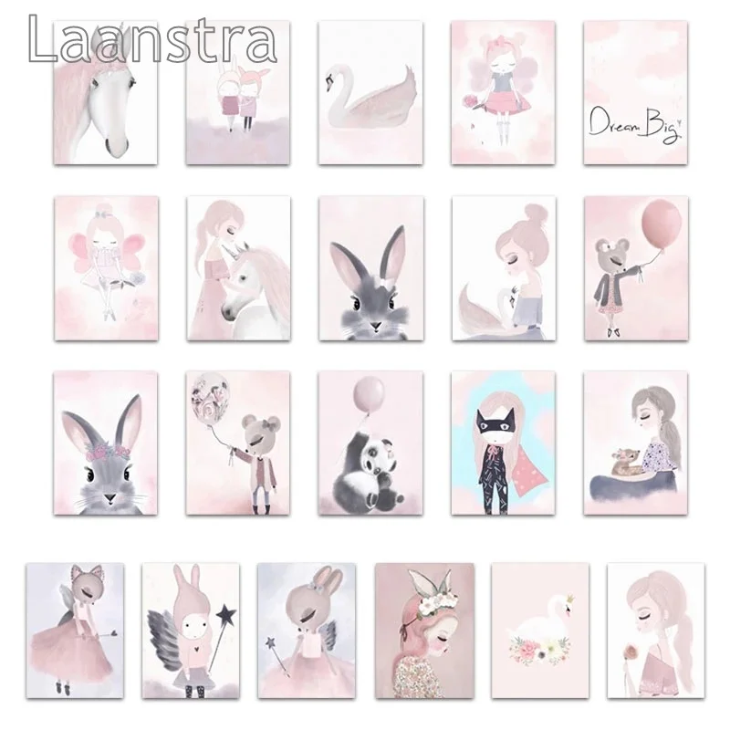 

Nordic Watercolor Cartoon Unicorn Deer Rabbit Girl Canvas Painting Flower Poster Swan Wall Pictures Kids Room Home Decoration