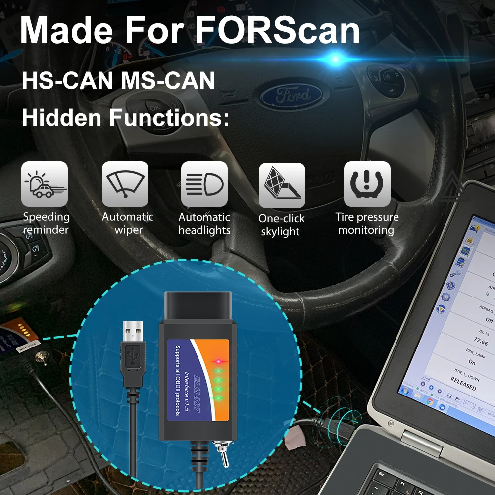 ELM327 V1.5 с HS / MS CAN переключатель FORSCAN Ford OBD2 сканер кодов считыватель USB адаптер для