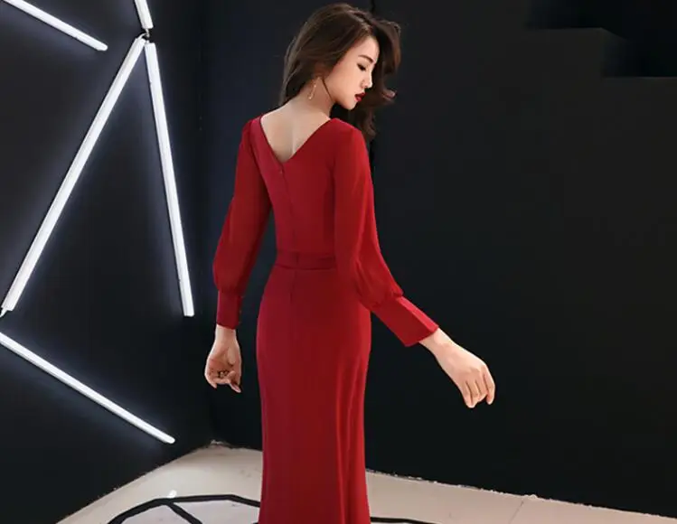 

dresses long section new women's dress party long sleeve noble elegant thin ladies temperament banquet cocktail open red dress